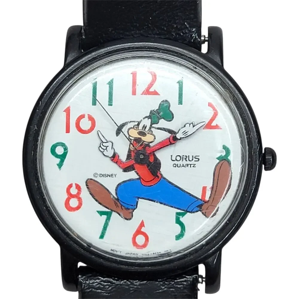 Vintage Lorus Disney Goofy Backwards Reverse Dial Analog Watch Black Running